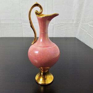 Vintage Ceramic Pitcher Vase 8.5" Pink Warranted 22 KT Gold Trim Mid Century USA